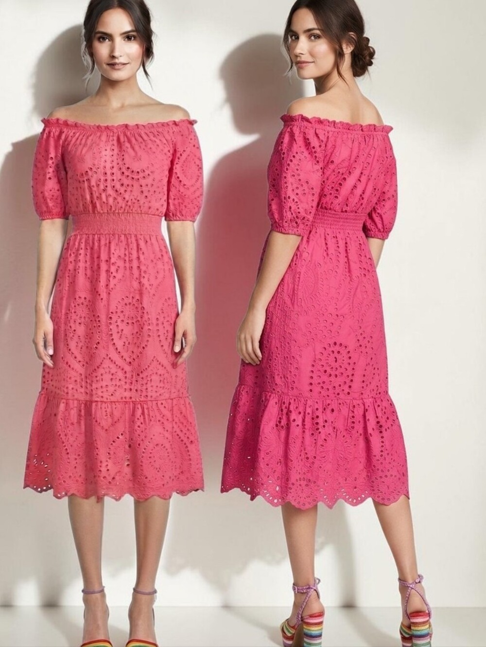 BETSEY JOHNSON Coral Eyelet Lace Midi Peasant Dress - Size S